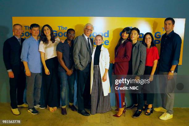 Pictured: Marc Evan Jackson, Michael Schur, Creator / Executive Producer; D'Arcy Carden, William Jackson Harper, Ted Danson, Kristen Bell, Jameela...