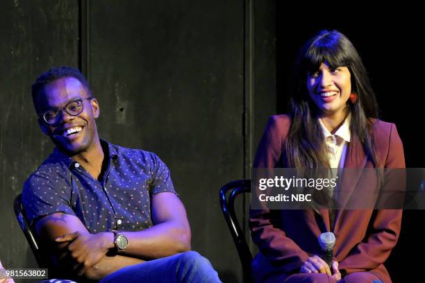 Pictured: William Jackson Harper, Jameela Jamil at UCB Sunset Theatre on June 19, 2018 --