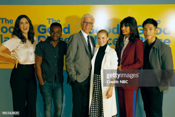 Pictured: D'Arcy Carden, William Jackson Harper, Ted Danson, Kristen Bell, Jameela Jamil, Manny Jacinto at UCB Sunset Theatre on June 19, 2018 --