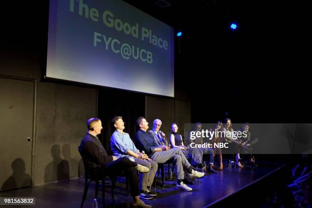 Pictured: Marc Evan Jackson, Michael Schur, Creator / Executive Producer; Drew Goddard, Executive Producer; Ted Danson, Kristen Bell, William Jackson...