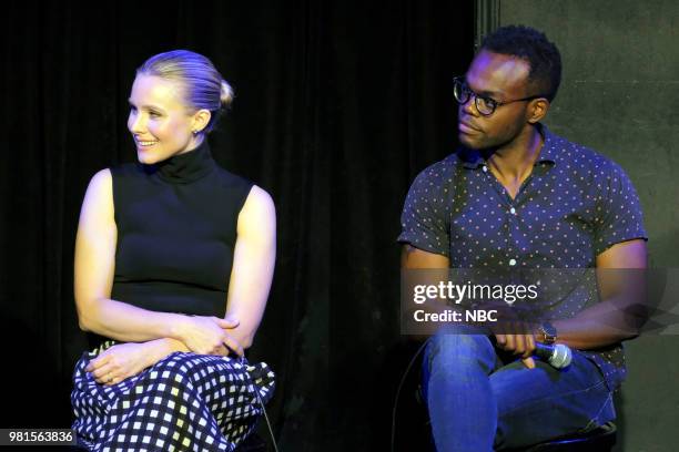 Pictured: Kristen Bell, William Jackson Harper at UCB Sunset Theatre on June 19, 2018 --