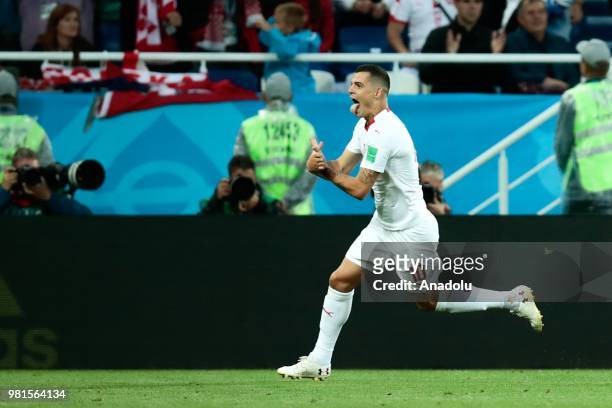 Granit Xhaka of Switzerland celebrates a goal during the 2018 FIFA World Cup Russia group E match between Serbia and Switzerland at the Kaliningrad...