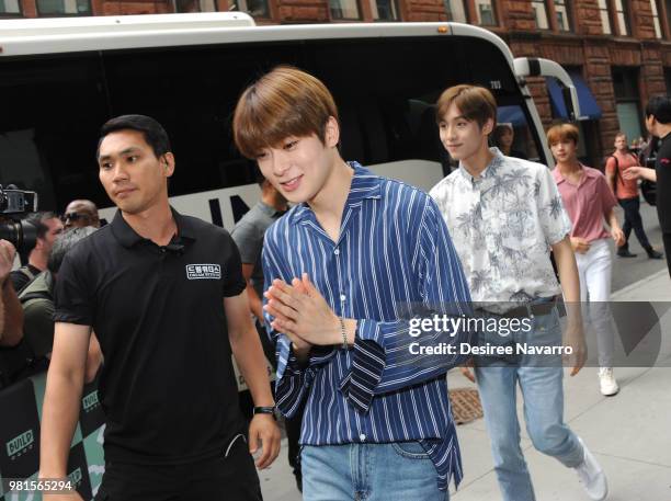 Band member Jaehyun, Win Win and Haechan visit Build Series to discuss KCON at Build Studio on June 22, 2018 in New York City.