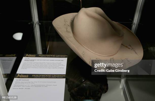 Stetson hat autographed by cast members of the 1956 movie "Bus Stop" is displayed during a preview for Julien's Auctions Hollywood legends...