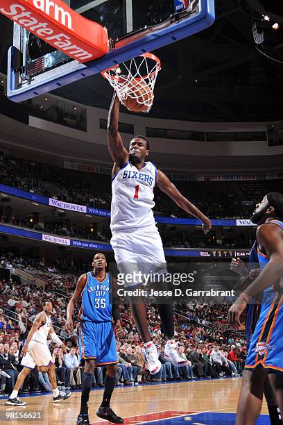 Samuel Dalembert of the Philadelphia 76ers dunks the ball against the Oklahoma City Thunder during the game on March 30, 2010 at the Wachovia Center...