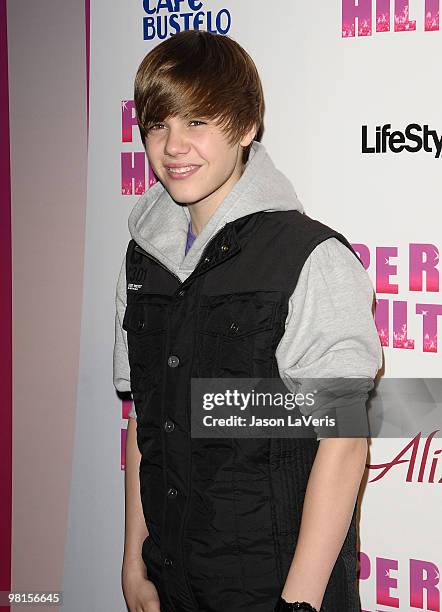 Singer Justin Bieber attends Perez Hilton's "Carn-Evil" Theatrical Freak and Funk 32nd birthday party at Paramount Studios on March 27, 2010 in Los...