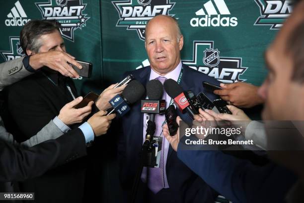 Head coach Claude Julien of the Montreal Canadiens speaks with the media prior to the first round of the 2018 NHL Draft at American Airlines Center...