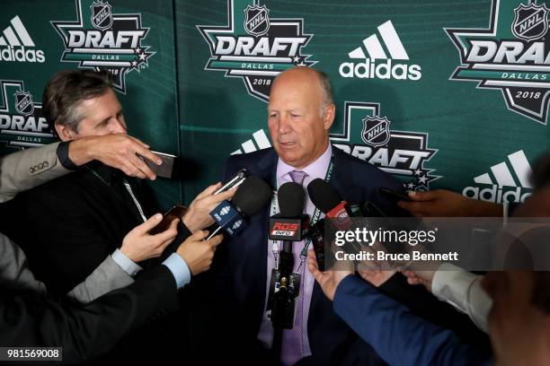 Head coach Claude Julien of the Montreal Canadiens speaks with the media prior to the first round of the 2018 NHL Draft at American Airlines Center...