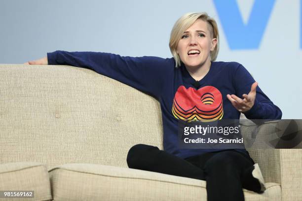 Hannah Hart speaks onstage during the 'SuperSession - The Creator Business Model Grows Up' panel at the 9th Annual VidCon at Anaheim Convention...