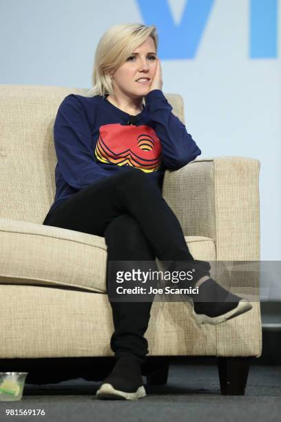 Hannah Hart speaks onstage during the 'SuperSession - The Creator Business Model Grows Up' panel at the 9th Annual VidCon at Anaheim Convention...
