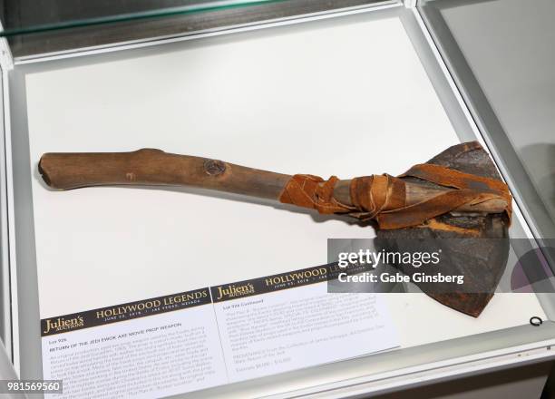 Movie prop of an axe used by the Ewok characters in the movie "Return of the Jedi" is displayed during a preview for Julien's Auctions Hollywood...