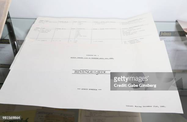 Production documents from the movie "Return of the Jedi" are displayed during a preview for Julien's Auctions Hollywood legends memorabilia auction...
