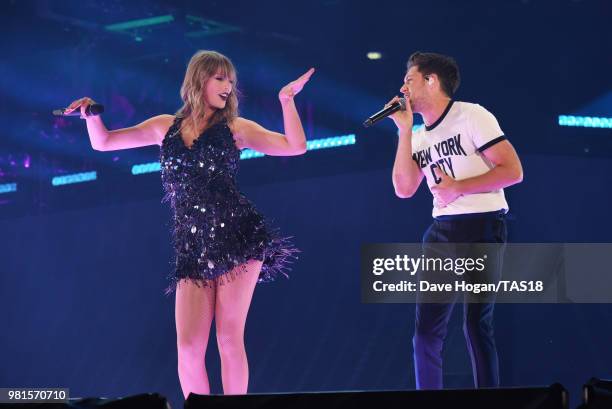 Taylor Swift performs with Niall Horan on stage during the first night of the London leg of her reputation Stadium Tour at Wembley Stadium on June...