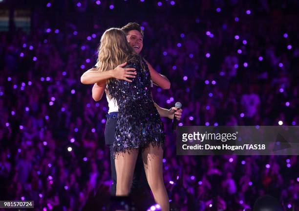 Taylor Swift performs with Niall Horan on stage during the first night of the London leg of her reputation Stadium Tour at Wembley Stadium on June...