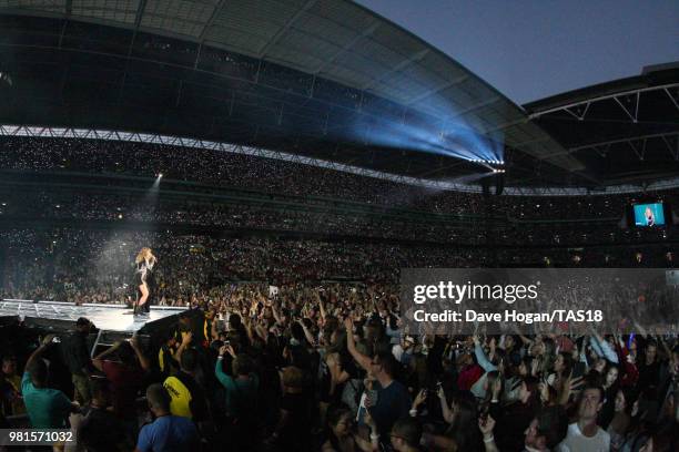 Taylor Swift performs on stage during the first night of the London leg of her reputation Stadium Tour at Wembley Stadium on June 22, 2018 in London,...