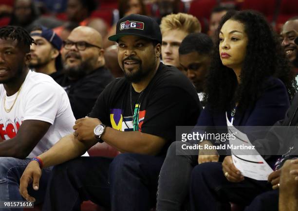 League Co-Founder and entertainer, Ice Cube, is seen with his wife, Kimberly Woodruff, during week one of the BIG3 three on three basketball league...