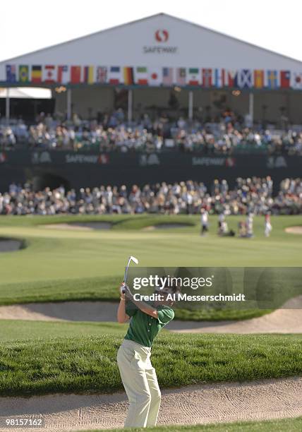 Catriona Matthew plays from a fairway bunker into the 18th green during the third round of the 2007 Safeway International at Superstition Mountain...