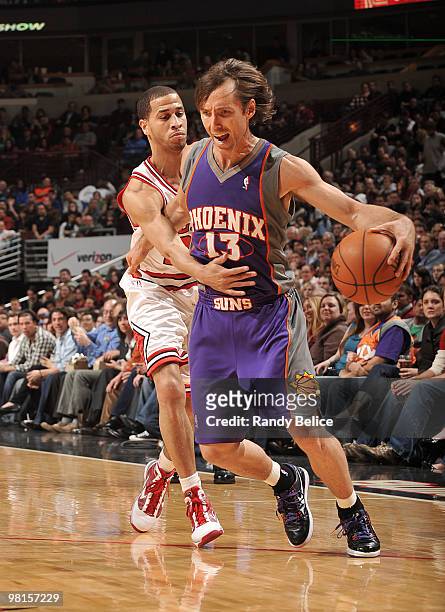 Jannero Pargo of the Chicago Bulls fouls Steve Nash of the Phoenix Suns during a NBA game on March 30, 2010 at the United Center in Chicago,...
