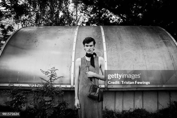 Model poses backstage prior the Sean Suen Menswear Spring Summer 2019 show as part of Paris Fashion Week on June 22, 2018 in Paris, France.