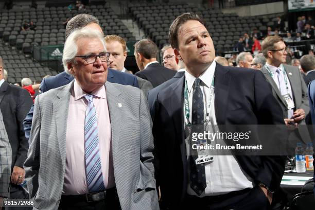Glen Sather and Jeff Gorton of the New York Rangers prior to the first round of the 2018 NHL Draft at American Airlines Center on June 22, 2018 in...