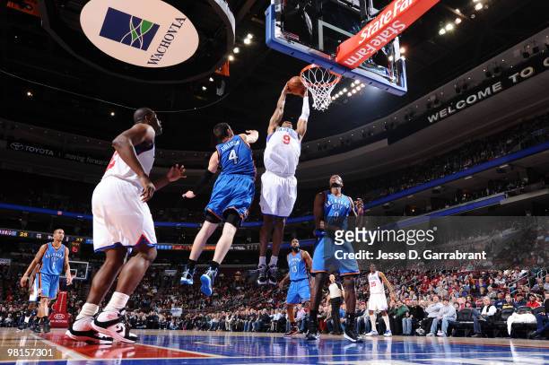 Andre Iguodala of the Philadelphia 76ers shoots against Nick Collison of the Oklahoma City Thunder during the game on March 30, 2010 at the Wachovia...