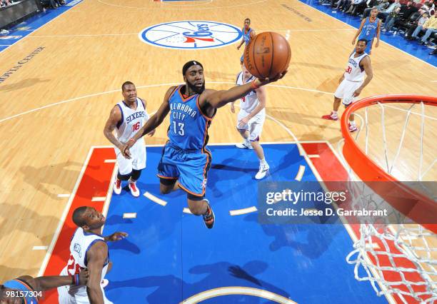 James Harden of the Oklahoma City Thunder shoots against the Philadelphia 76ers during the game on March 30, 2010 at the Wachovia Center in...