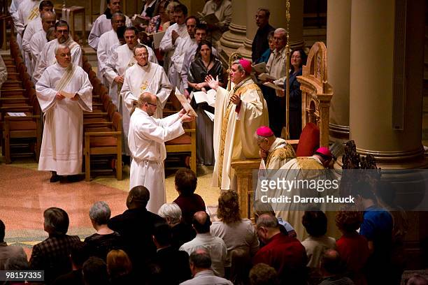 Milwaukee Archbishop Jerome Listecki holds the evening Chrism Mass at the Cathedral of St. John the Evangelist March 30, 2010 in Milwaukee,...