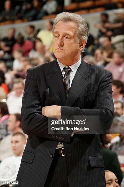 Paul Westphal, head coach of the Sacramento Kings, watches the Kings lose to the Indiana Pacers 102-95 at Conseco Fieldhouse on March 30, 2010 in...