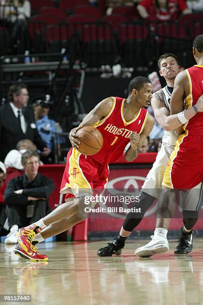 Trevor Ariza of the Houston Rockets drives the ball against the Washington Wizards on March 30, 2010 at the Toyota Center in Houston, Texas. NOTE TO...