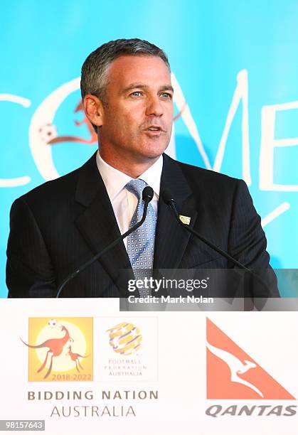 Ben Buckley speaks to the media during a press conference to unveil the Football Federation World Cup bid livery on a Qantas Boeing 747-400 aircraft...