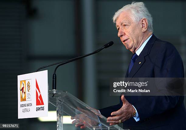 Chairman Frank Lowyspeaks to the media during a press conference to unveil the Football Federation World Cup bid livery on a Qantas Boeing 747-400...