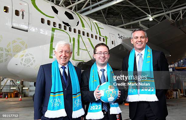 Chairman Frank Lowy, Qantas CEO Alan Joyce and FFA CEO Ben Buckley pose for a photo during a press conference to unveil the Football Federation World...
