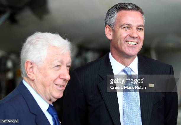 Chairman Frank Lowy and FFA CEO Ben Buckley are pictured before a press conference to unveil the Football Federation World Cup bid livery on a Qantas...