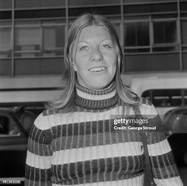 English competitive swimmer Dorothy Harrison pictured at Heathrow airport in London on 18th March 1972. Dorothy Harrison would go on to represent...
