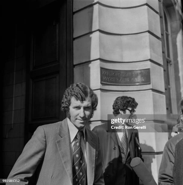 English professional footballer and forward with Chelsea, Peter Osgood pictured leaving Marlborough Street Magistrates Court in London after being...