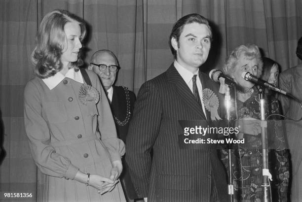 British Conservative Party politician Norman Lamont pictured with his wife Rosemary as he delivers a speech after winning the Kingston upon Thames...