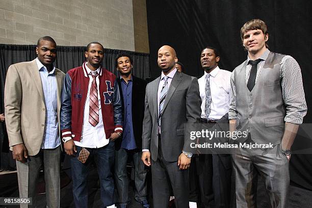 Paul Millsap, C.J. Miles, Ronnie Price, Sundiata Gaines, Othyus Jeffers and Kyle Korver of the Utah Jazz pose for a photo during the Leapin' Leaners...