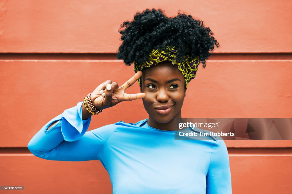 Woman making social media pose