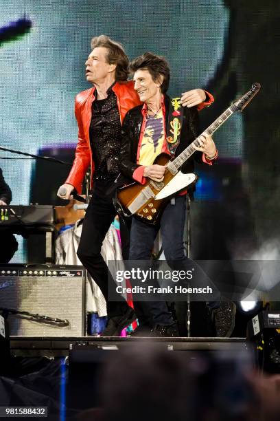 Mick Jagger and Ronnie Wood of The Rolling Stones perform live on stage during a concert at the Olympiastadion on June 22, 2018 in Berlin, Germany.