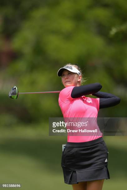 Jessica Korda of the United States plays her shot from the fourth tee during the first round of the Walmart NW Arkansas Championship Presented by P&G...