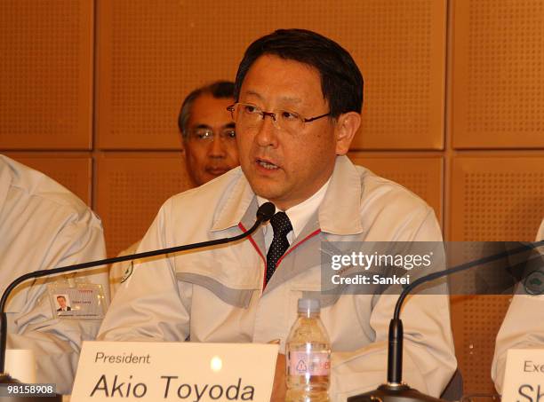 Toyota Motor Co President Akio Toyoda speaks at a press conference after their first meeting of global quality committee at their headquarters on...