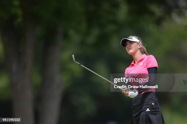 Jessica Korda of the United States plays a shot on the fourth hole during the first round of the Walmart NW Arkansas Championship Presented by P&G at...