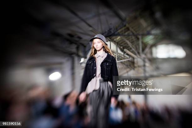 Model walks the runway during the Maison Mihara Yasuhiro Menswear Spring Summer 2019 show as part of Paris Fashion Week on June 22, 2018 in Paris,...