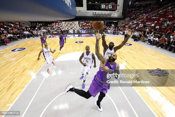 Carlos Boozer of Ghost Ballers shoots against the 3 Headed Monsters during week one of the BIG3 three on three basketball league at Toyota Center on...