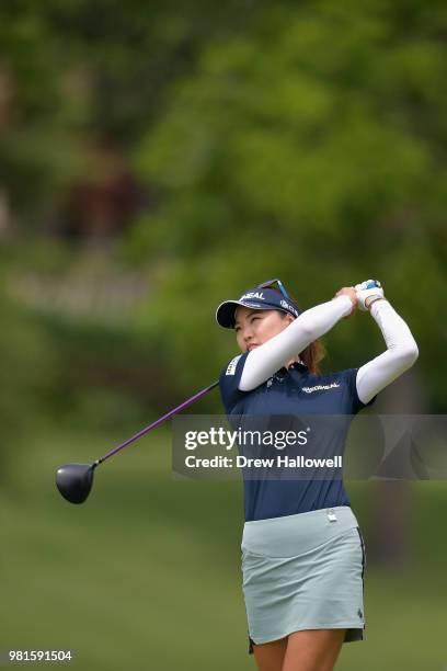 So Yeon Ryu of South Korea plays her shot from the fourth tee during the first round of the Walmart NW Arkansas Championship Presented by P&G at...