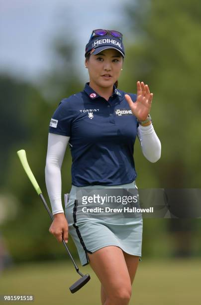 So Yeon Ryu of South Korea waves on the third green during the first round of the Walmart NW Arkansas Championship Presented by P&G at Pinnacle...