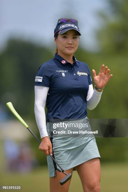 So Yeon Ryu of South Korea waves on the third green during the first round of the Walmart NW Arkansas Championship Presented by P&G at Pinnacle...