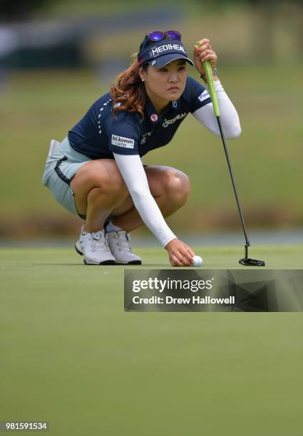 So Yeon Ryu of South Korea lines up a putt on the third green during the first round of the Walmart NW Arkansas Championship Presented by P&G at...