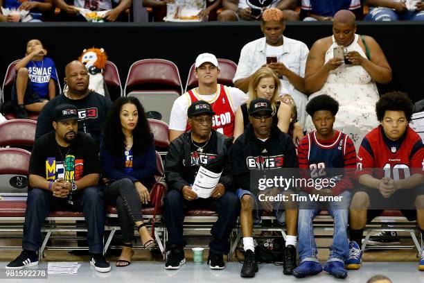 League Co-Founder and entertainer, Ice Cube, is seen with his wife, Kimberly Woodruff, during week one of the BIG3 three on three basketball league...