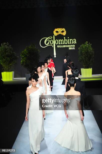 Models walk on the catwalk during the Colombina collection show at the 2010 China Fashion Week A/W on March 29, 2010 in Beijing, China.